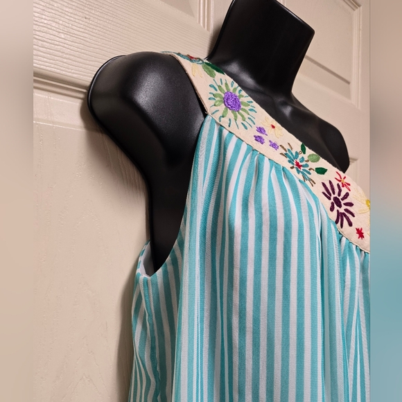 Judith March One Shoulder Embroidered Teal Blue Striped Mini Dress Womens Size M - Picture 6 of 16